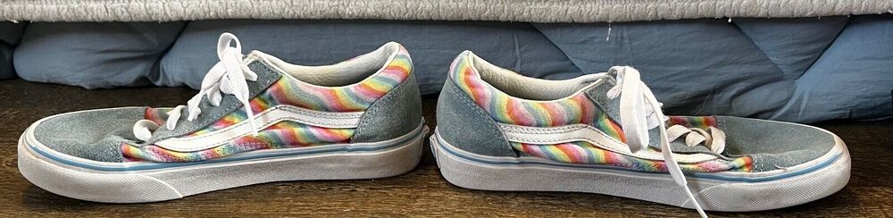 Vans Girls Size 4.5 Baby Blue with Rainbow Detail Sneakers
